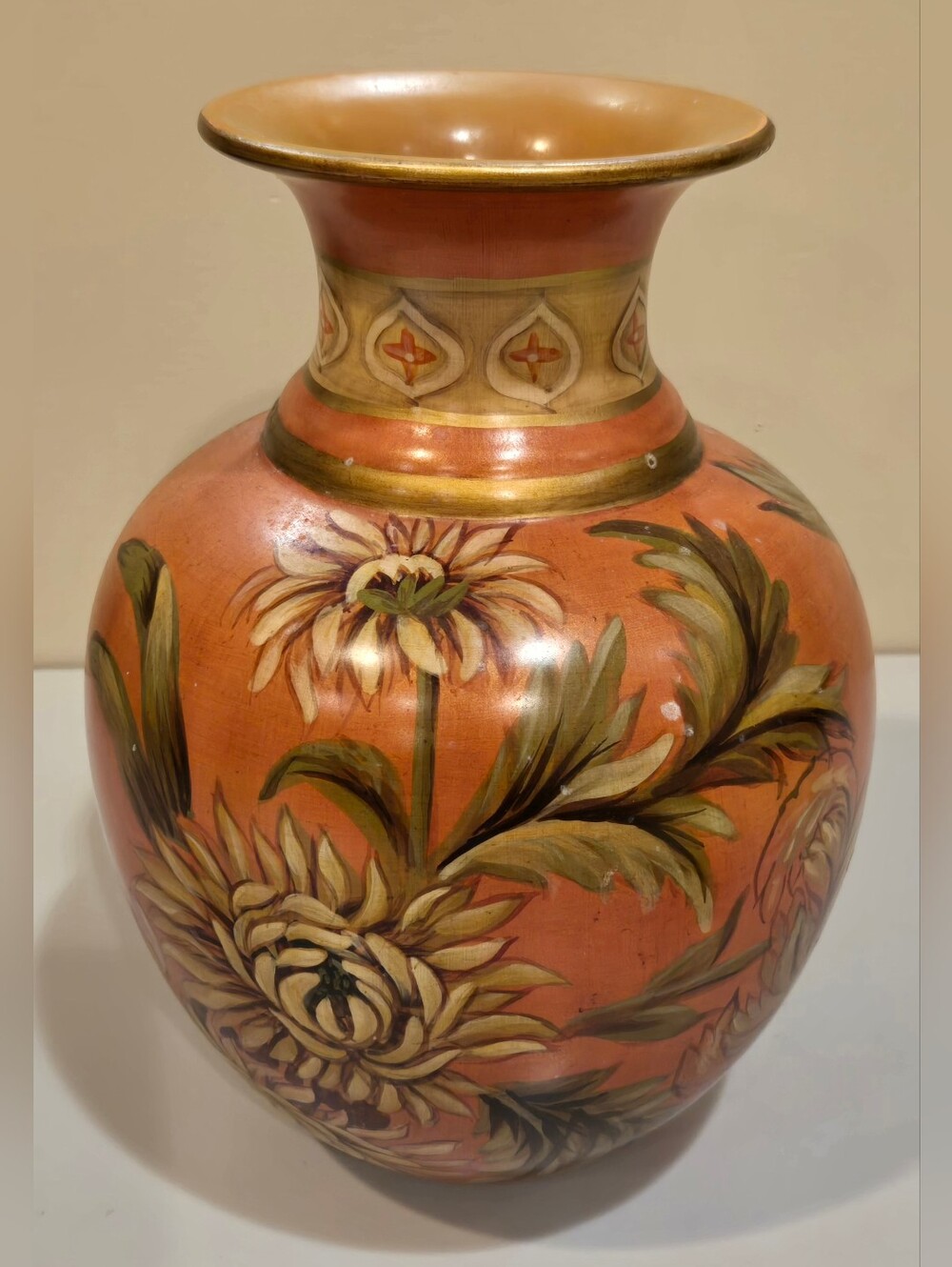 Vintage Toyo Hand-Painted Floral Ceramic Vase in Warm Terracotta